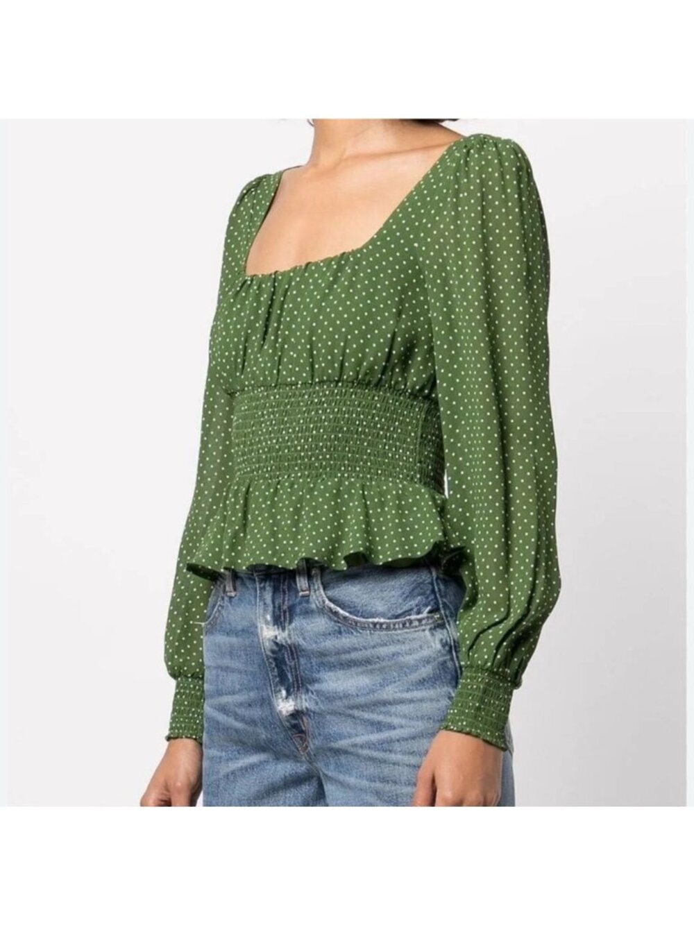 Reformation Hearth Blouse Peat Green with White Polka Dot Pattern Top Size 10